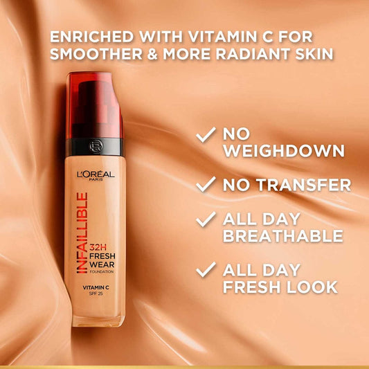 L'Oréal Paris Infallible 32H Fresh Wear Foundation, Full-coverage, Longwear, Weightless Smooth Finish, Water-proof and Transfer-proof, with Vitamin C 30ml