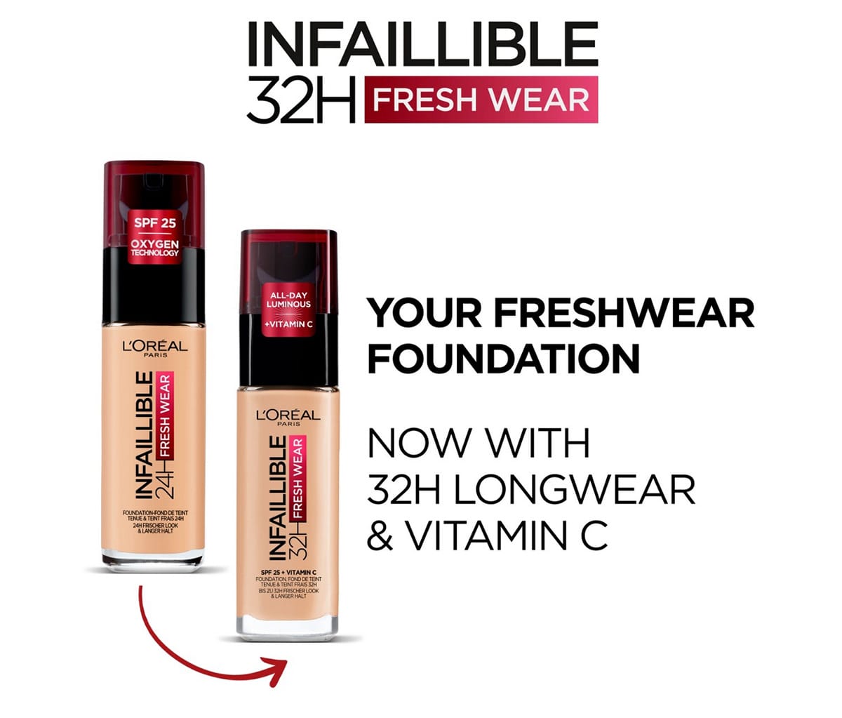 L'Oréal Paris Infallible 32H Fresh Wear Foundation, Full-coverage, Longwear, Weightless Smooth Finish, Water-proof and Transfer-proof, with Vitamin C 30ml