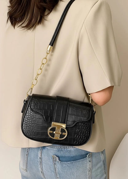 Structured Croc-Embossed Faux Leather Shoulder Bag with Gold-Tone Chain Accent and Geometric Clasp