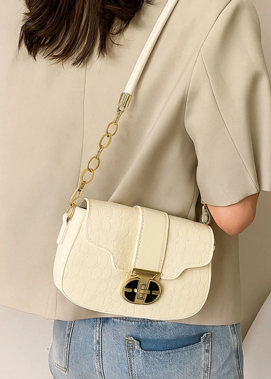Structured Croc-Embossed Faux Leather Shoulder Bag with Gold-Tone Chain Accent and Geometric Clasp